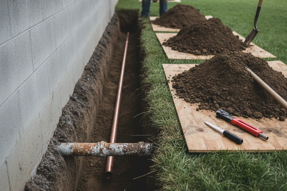 Excavated water line trench during Water Heater Repair in Thompson